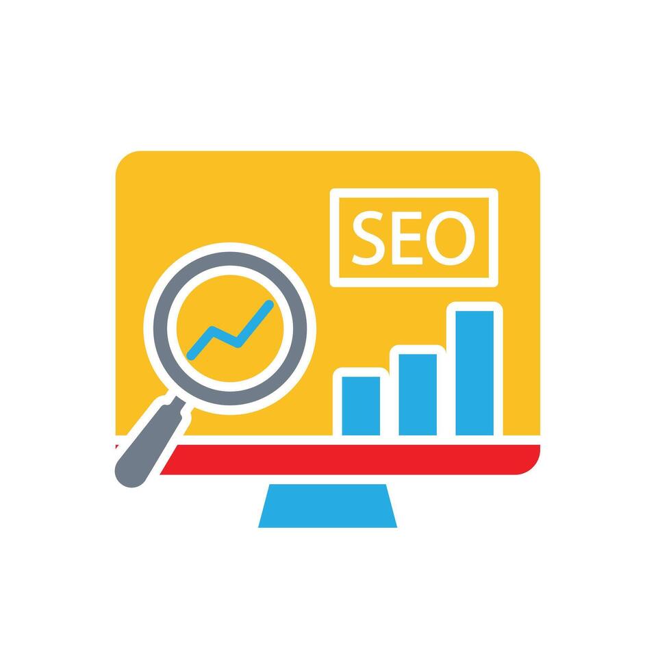 Marketing icon. SEO. Chart going up on a computer screen with a magnifying glass. Branding, strategy, digital. Flat design style. vector