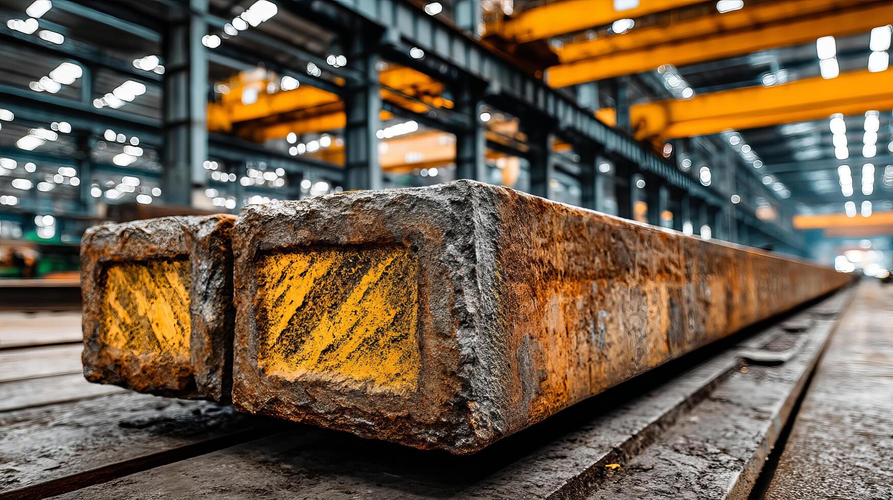 Rusty steel beams with yellow markings stacked in large industrial warehouse under bright overhead cranes photo