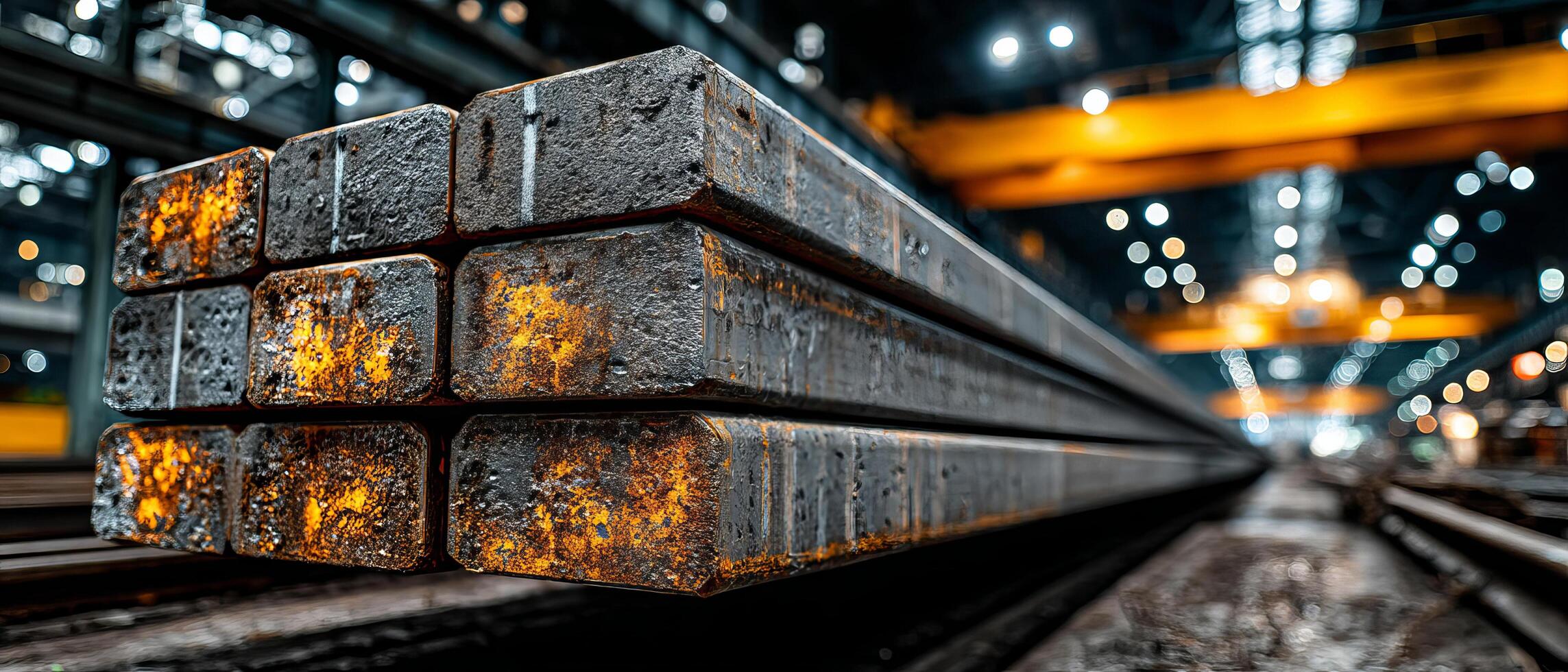 Rusty steel beams stacked industrial warehouse with bright overhead cranes and blurred background lights creating dynamic scene photo