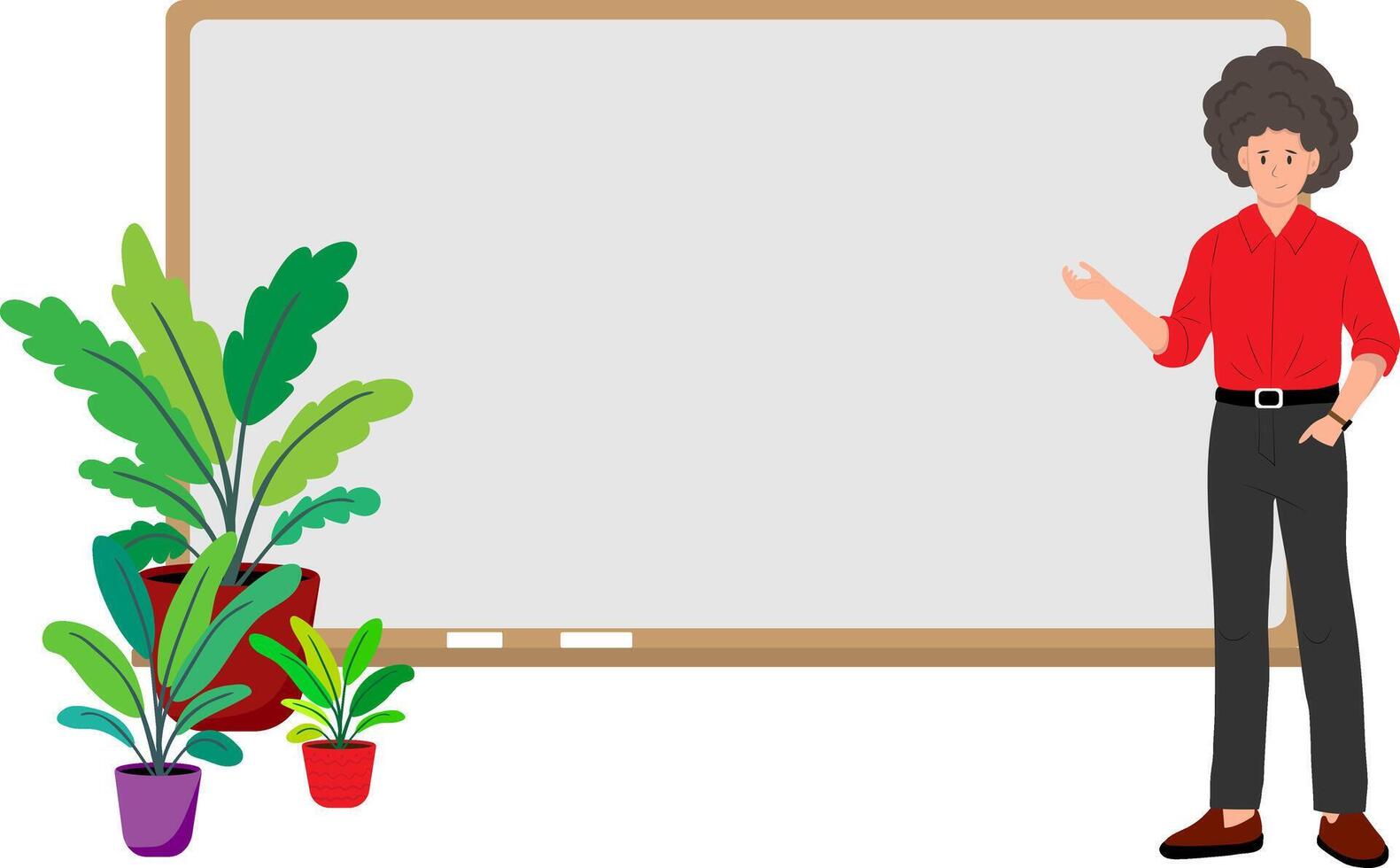 teacher in classroom with blank whiteboard illustration for educational presentations and online teaching backgrounds with space for text vector