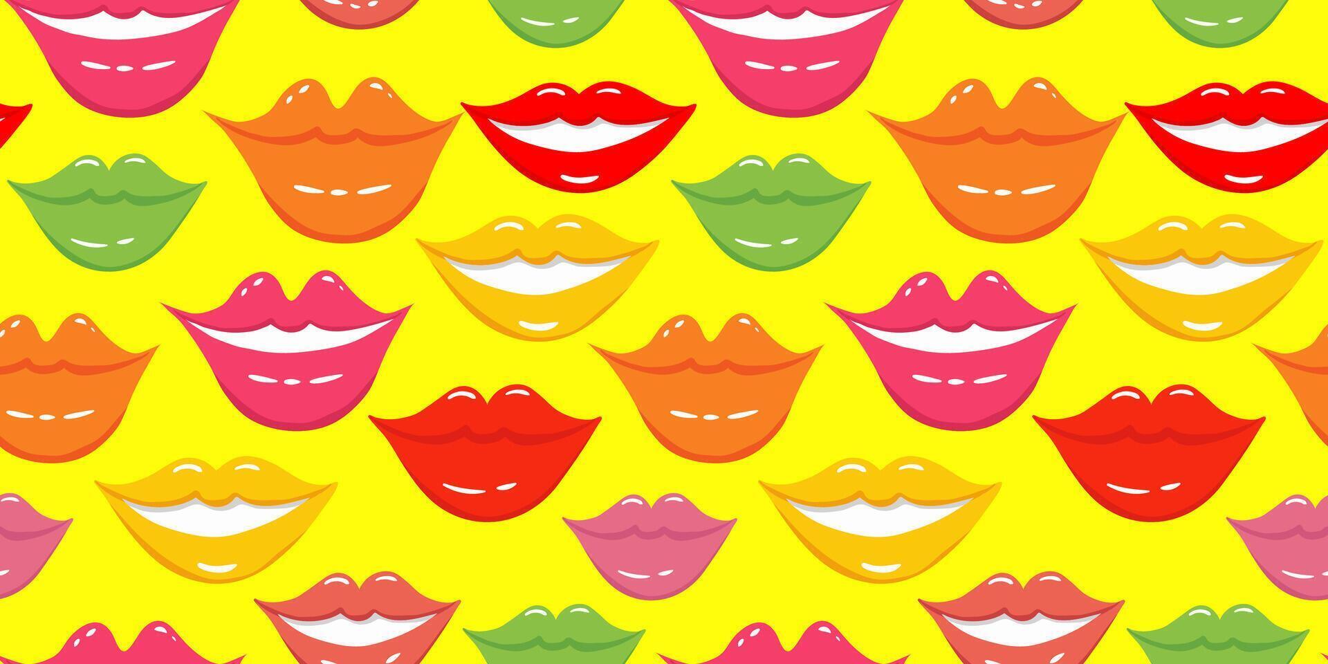 cheerful flat art seamless pattern with smiling lips on yellow background playful vibrant design for happy occasions vector