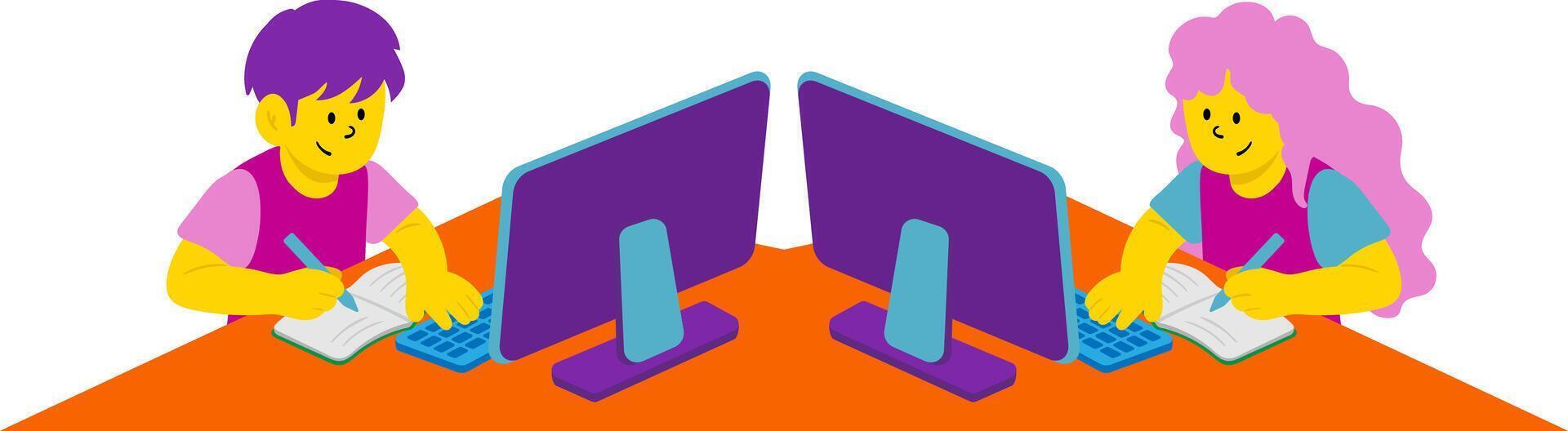 online learning element, boy and girl studying at computers, remote education, isolated flat illustration vector