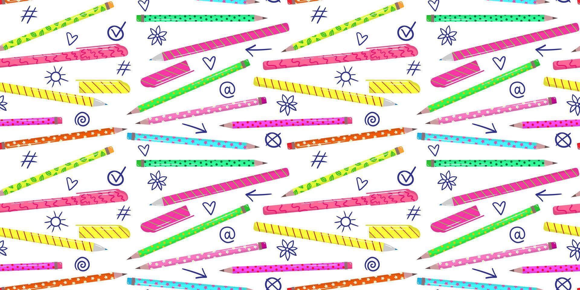 modern flat art stationery seamless background pattern with colorful pens pencils and hand drawn doodles for web design vector