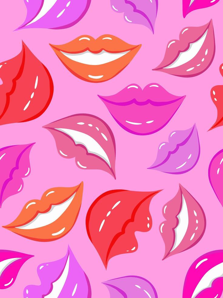 seamless pattern with cartoon smiling lips on pink background, colorful pop art style for textile and fun design day of smiling laughter vector