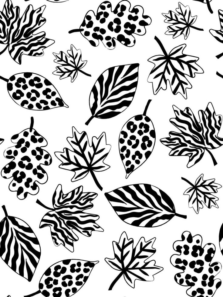 black line art seamless pattern with autumn leaves and animal prints flat graphic on white background trendy fall poster wallpaper design vector