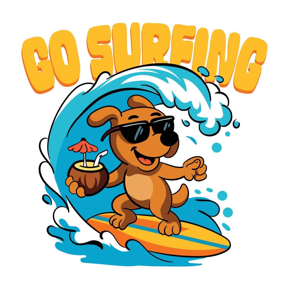 GO Surfing cute dog surfing tshirt and sticker design vector