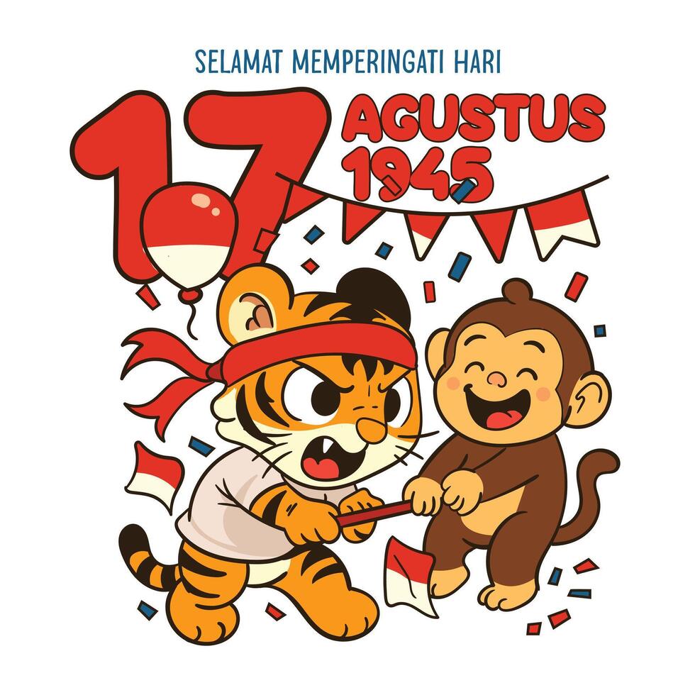 Independence Day 17 Agustus Harimau Ikut Lomba Agustusan with Happy Spirit Cartoon Style vector