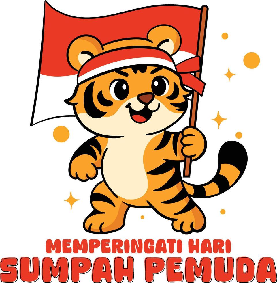 Youth Pledge Sumpah Pemuda Tiger with Red White Flag and Headband Spirit Icon vector