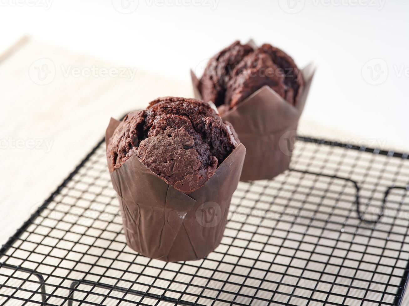 Baked Chocolate Muffins on a black wire cooling rack side view of baked dessert photo