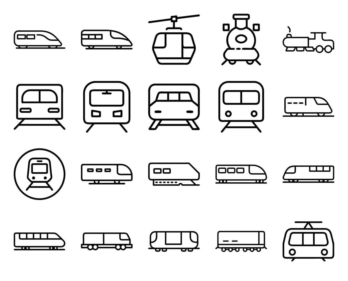 Train Line Art Collection Rail Transport Icons, Mono Line Style on White Background vector