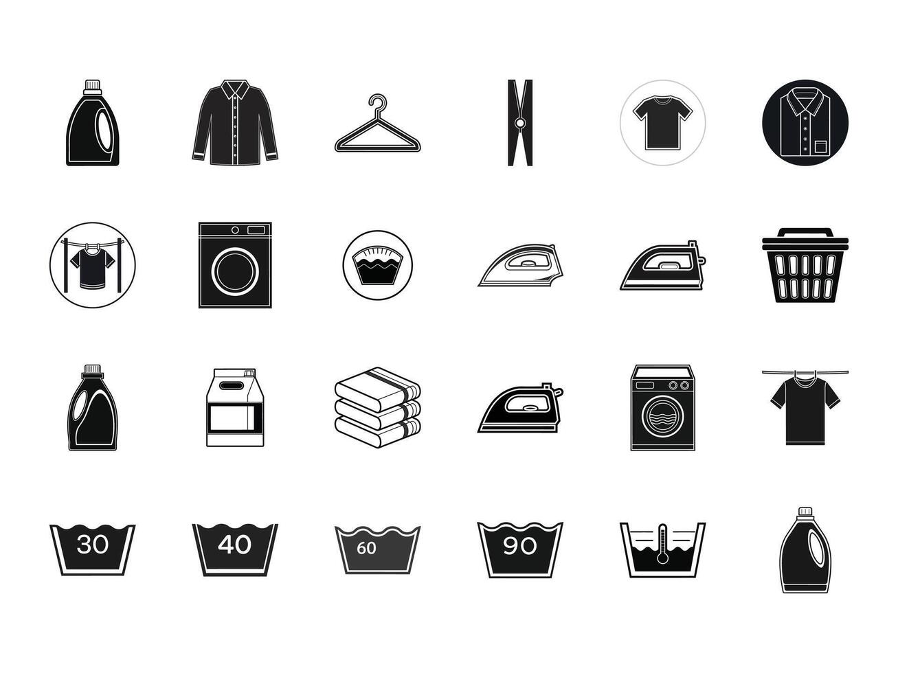 Laundry Line Art Symbols Washer, Detergent, Iron, Clothing and Care Icons vector