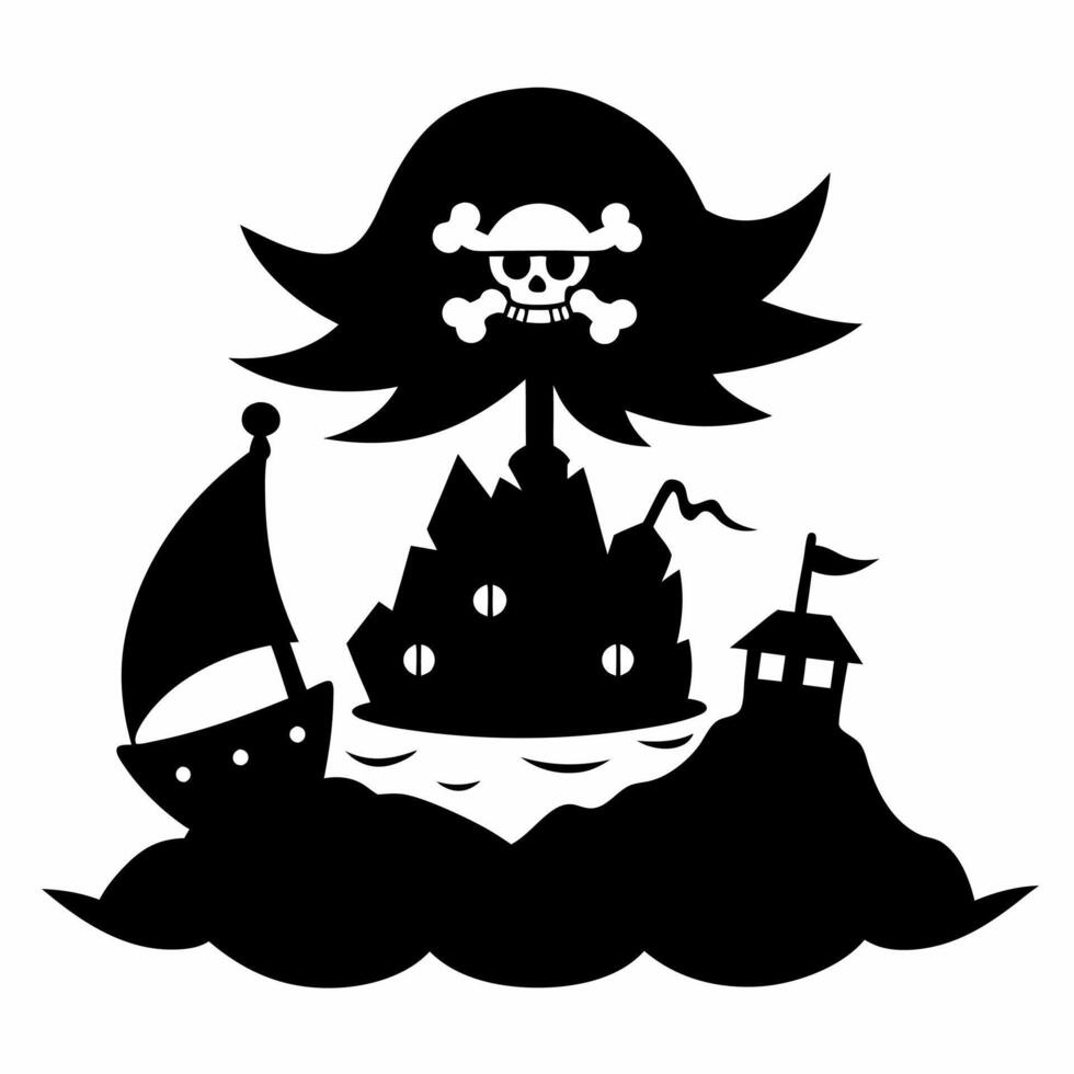 Pirate Themed Silhouette with Skull Flag on Ship and Island Adventure vector