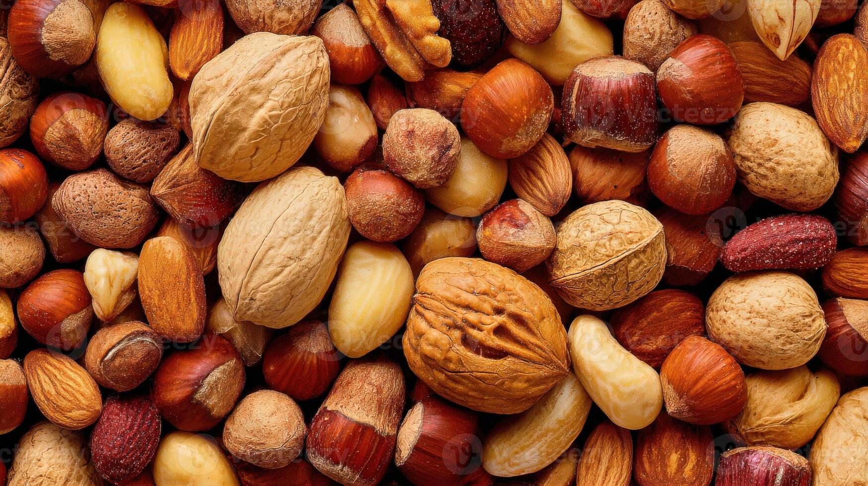 Assorted Mixed Nuts Background with Hazelnuts, Almonds, and Walnuts photo