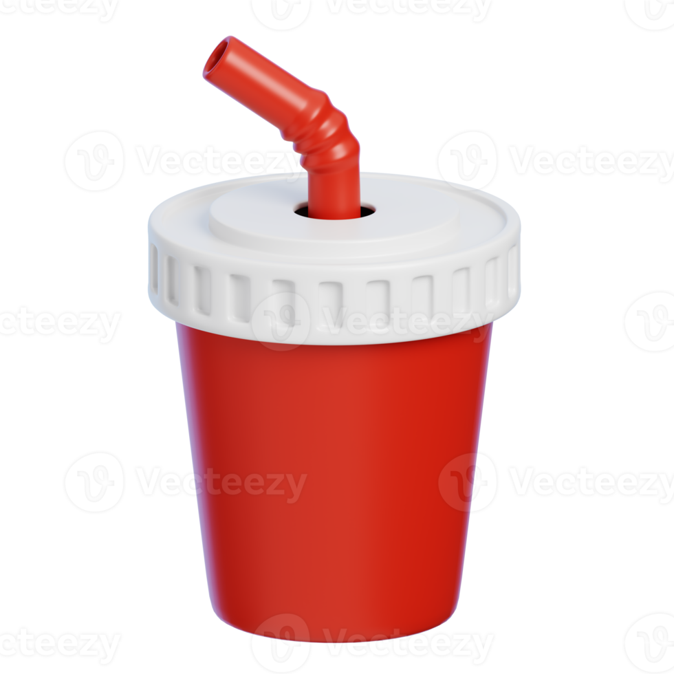 Red Paper Cup for Beverages with Straw Isolated. Cartoon Style Junk Food and Drink Icon Concept. 3D Rendering. png