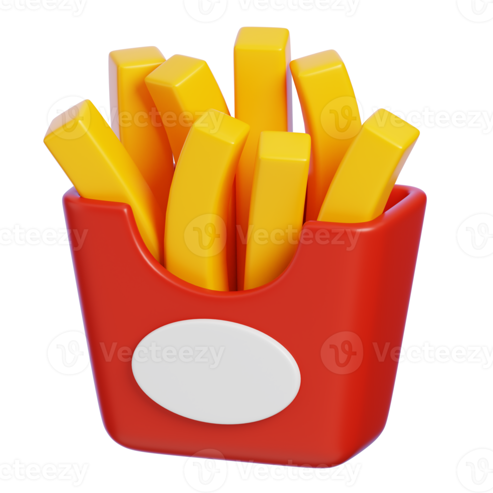 French Potato Fries in A Red Carton Box Isolated. Cartoon Style Junk Food and Drink Icon Concept. 3D Rendering. png