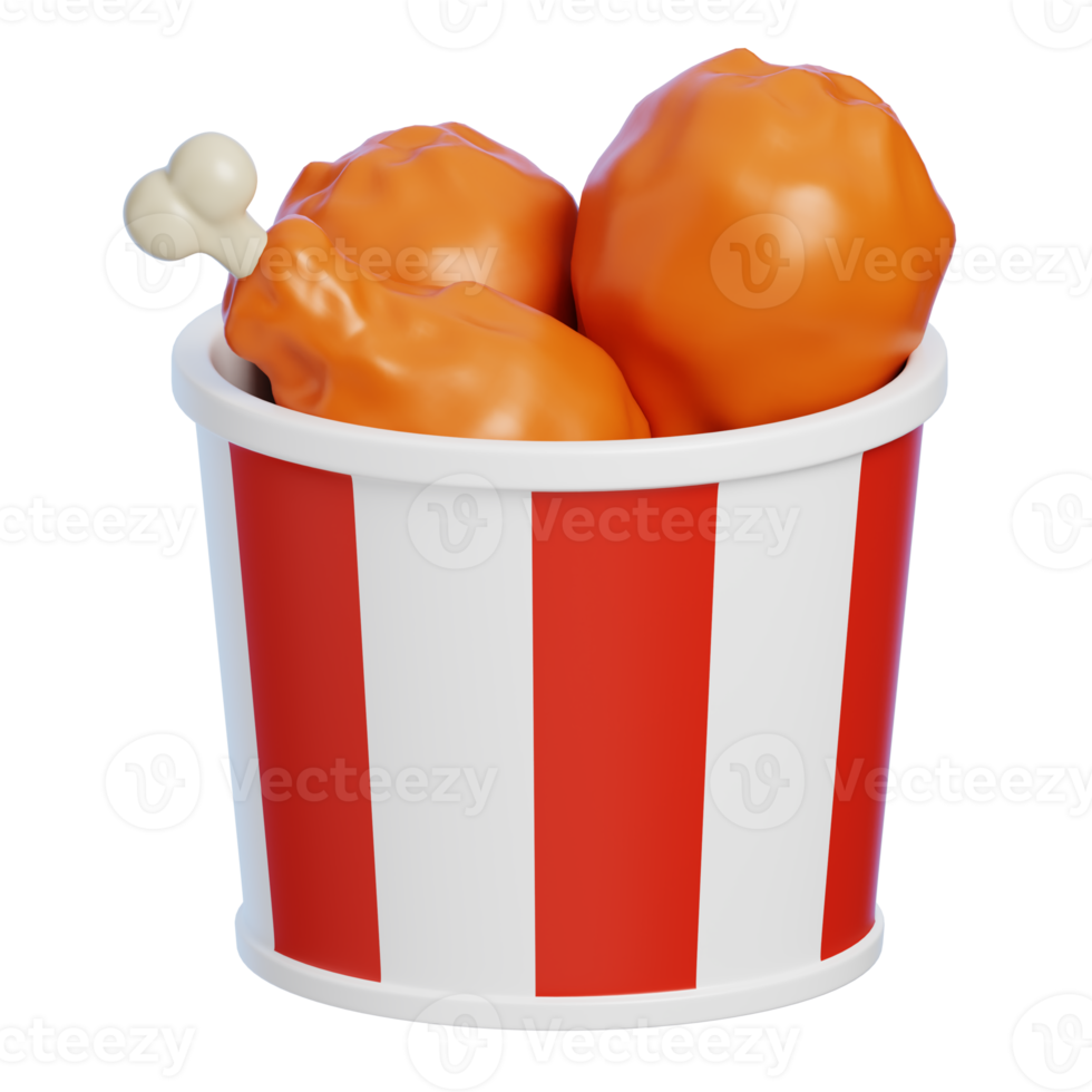 Crispy Fried Chicken Pieces in a Red Bucket Isolated. Cartoon Style Junk Food and Drink Icon Concept. 3D Rendering. png