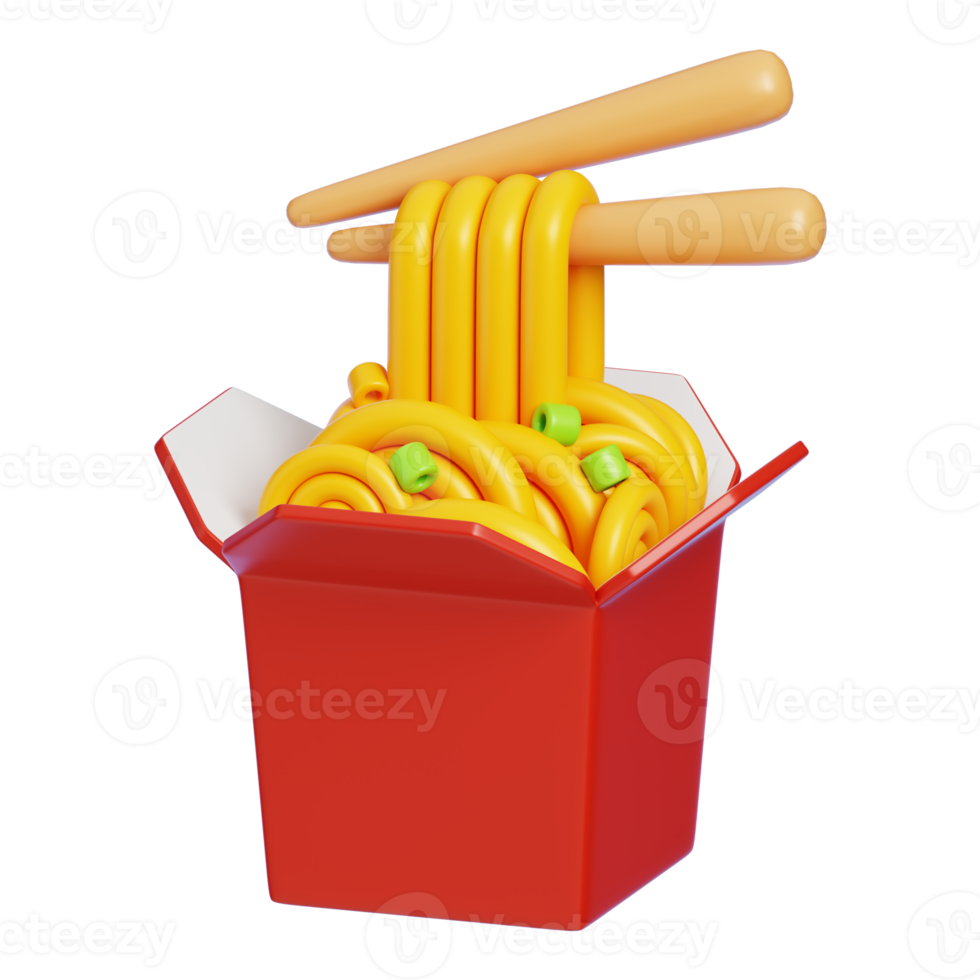 Paper box noodles and chopsticks Isolated. Cartoon Style Junk Food and Drink Icon Concept. 3D Rendering. png