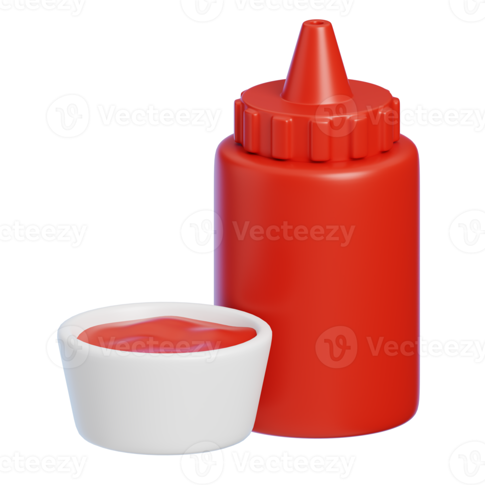 Chili Sauce Bottle and Bowl Isolated. Cartoon Style Junk Food and Drink Icon Concept. 3D Rendering png