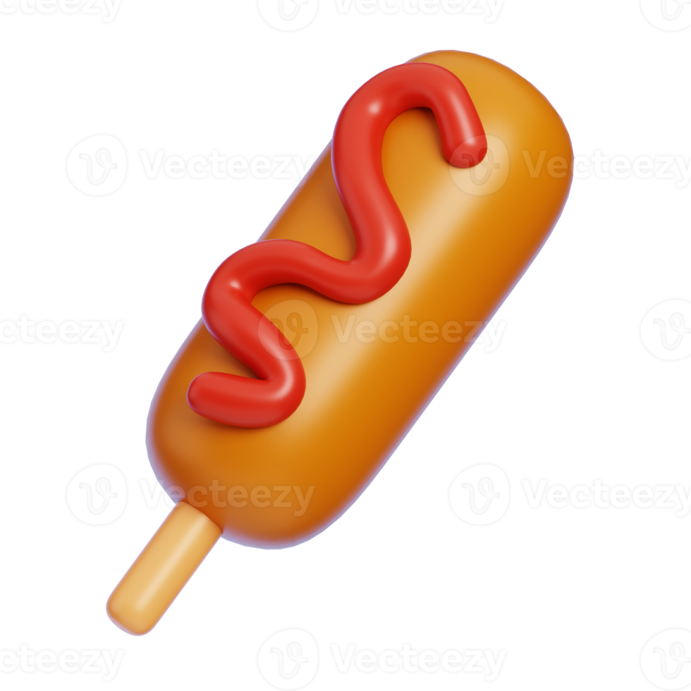 Hotdog On Stick Isolated. Cartoon Style Junk Food and Drink Icon Concept. 3D Rendering. png