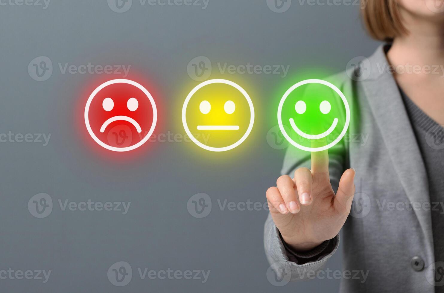 Customer excellent rating concept. Business woman giving the best rating for satisfaction survey, gray background photo