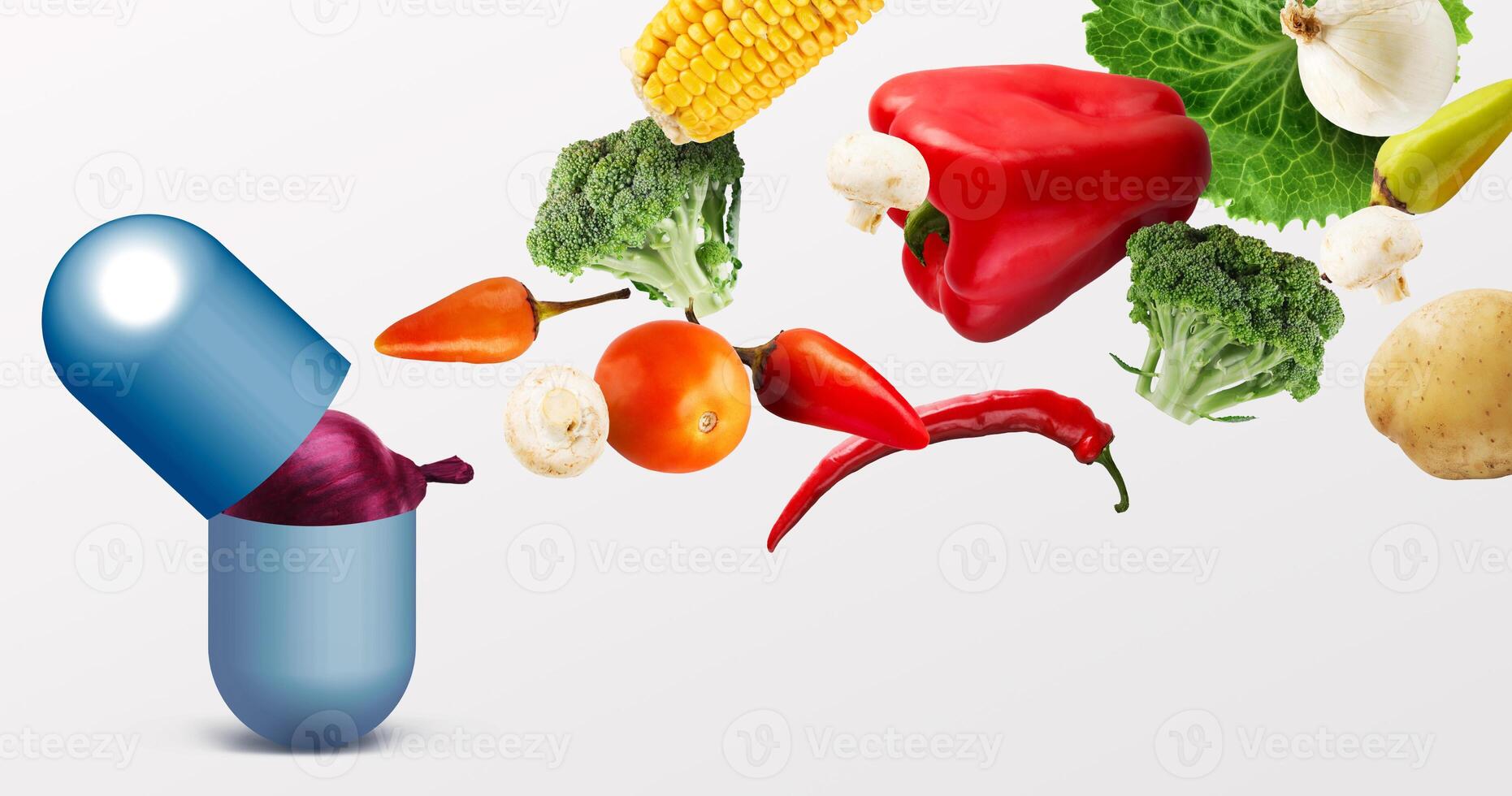 Modern pill with all need vitamins on white background, panorama photo