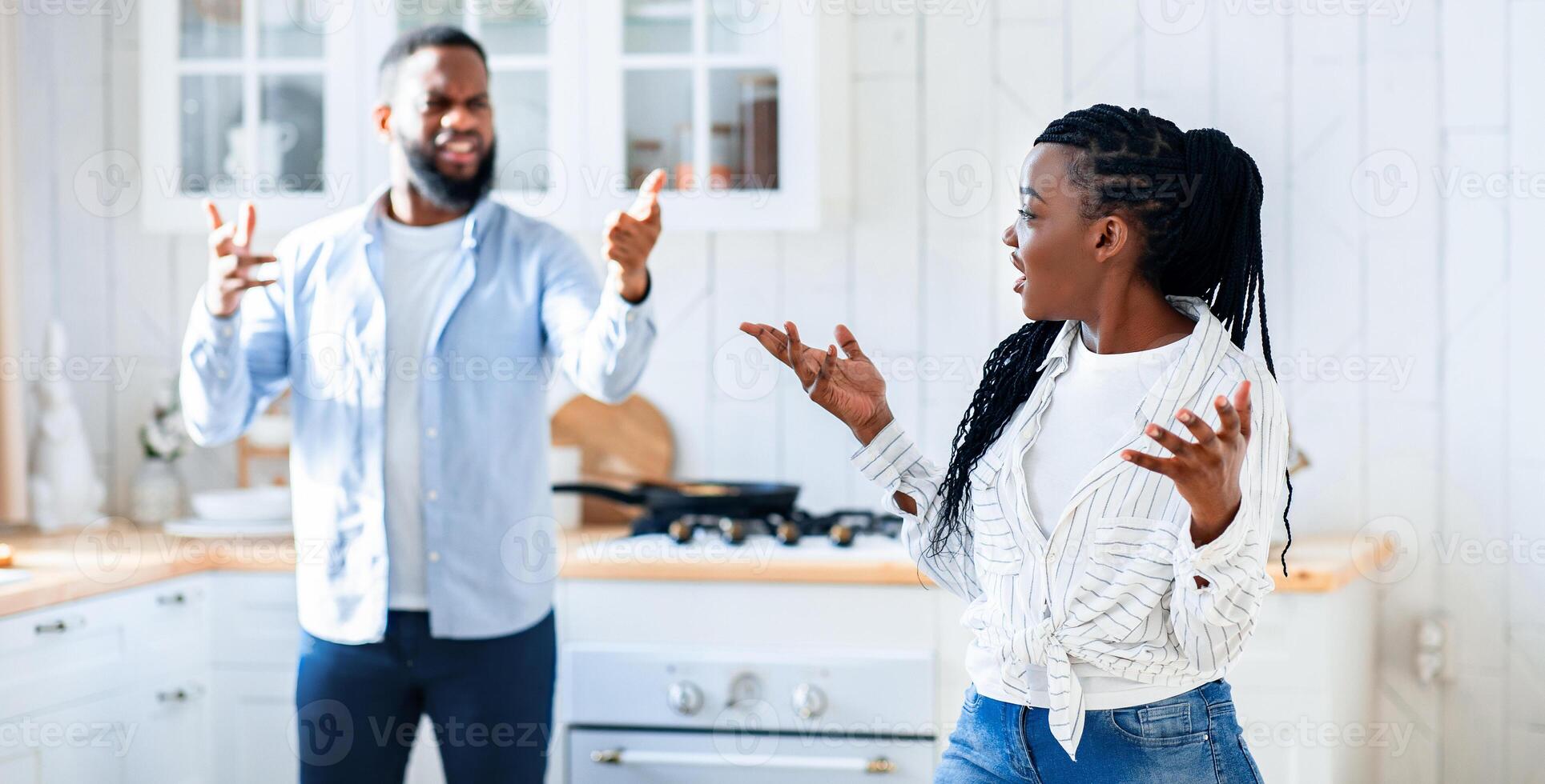 Domestic Fight. Portrait Of Annoyed Black Spouses Emotionally Arguing In Kitchen, Young African American Couple Suffering Problems In Relationship, Blaming Each Other For Marital Crisis, Closeup photo