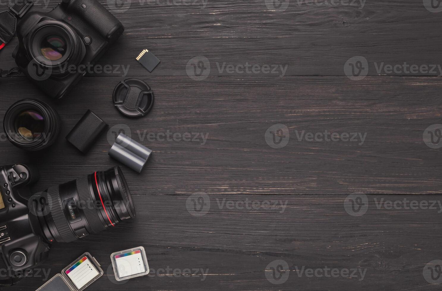 Photo equipment frame. Top view of diverse personal equipment for photographer or creative designer, copy space