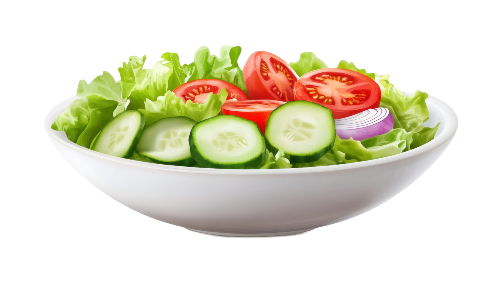 A bowl of salad with cucumbers, tomatoes and onions png
