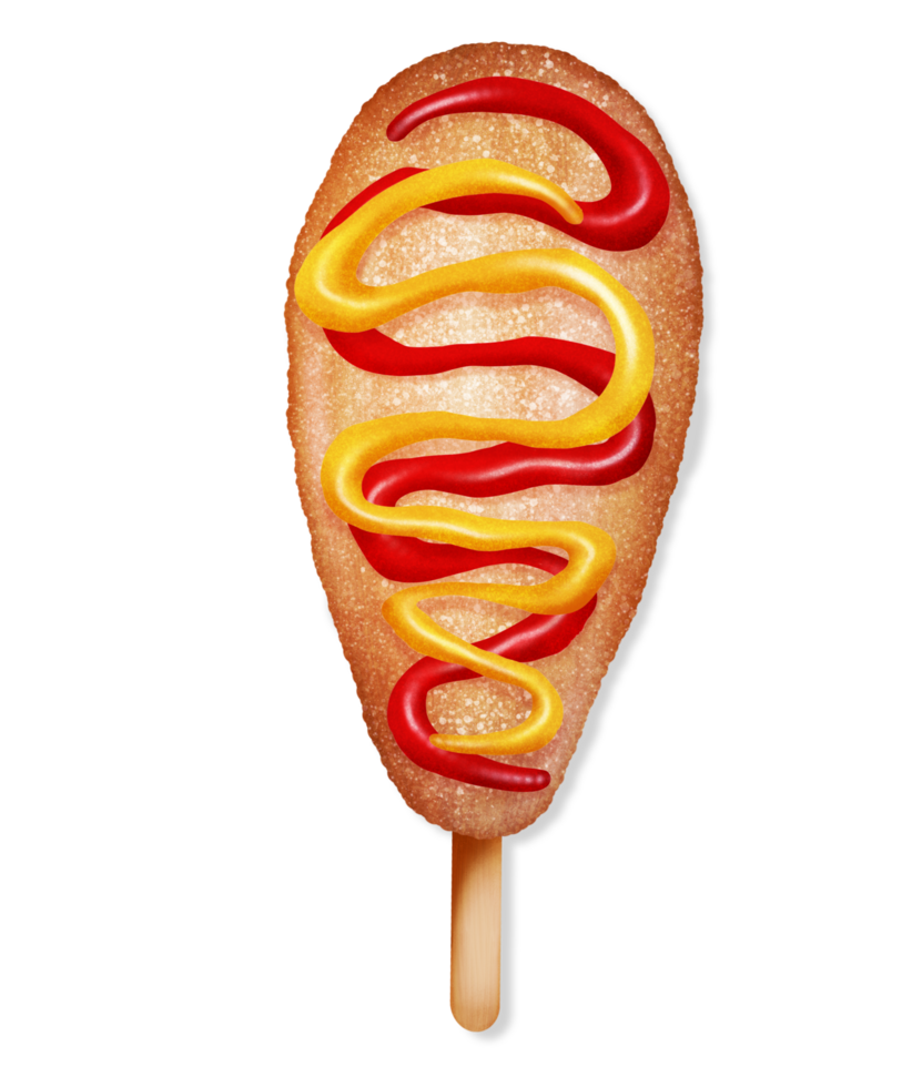 A corn dog on a stick with ketchup and mustard illustration png