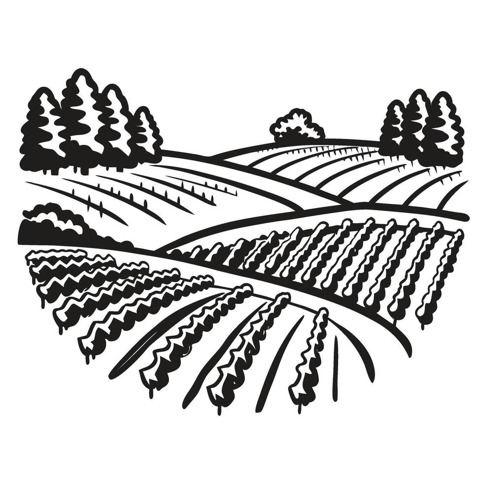 rural farmland landscape with cultivated fields and trees agricultural countryside, nature scene with rolling hills and crops vector