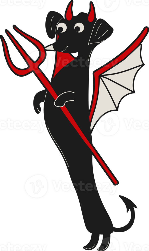 A cheeky cartoon dachshund with devil horns and a fiery, mischievous flair png