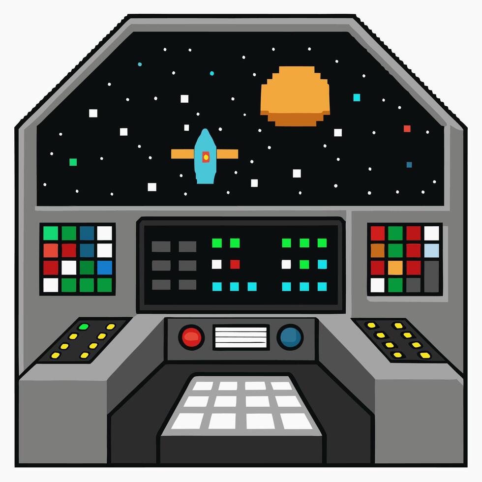 Retro Pixel Art Spaceship Cockpit with Starry Galaxy View vector