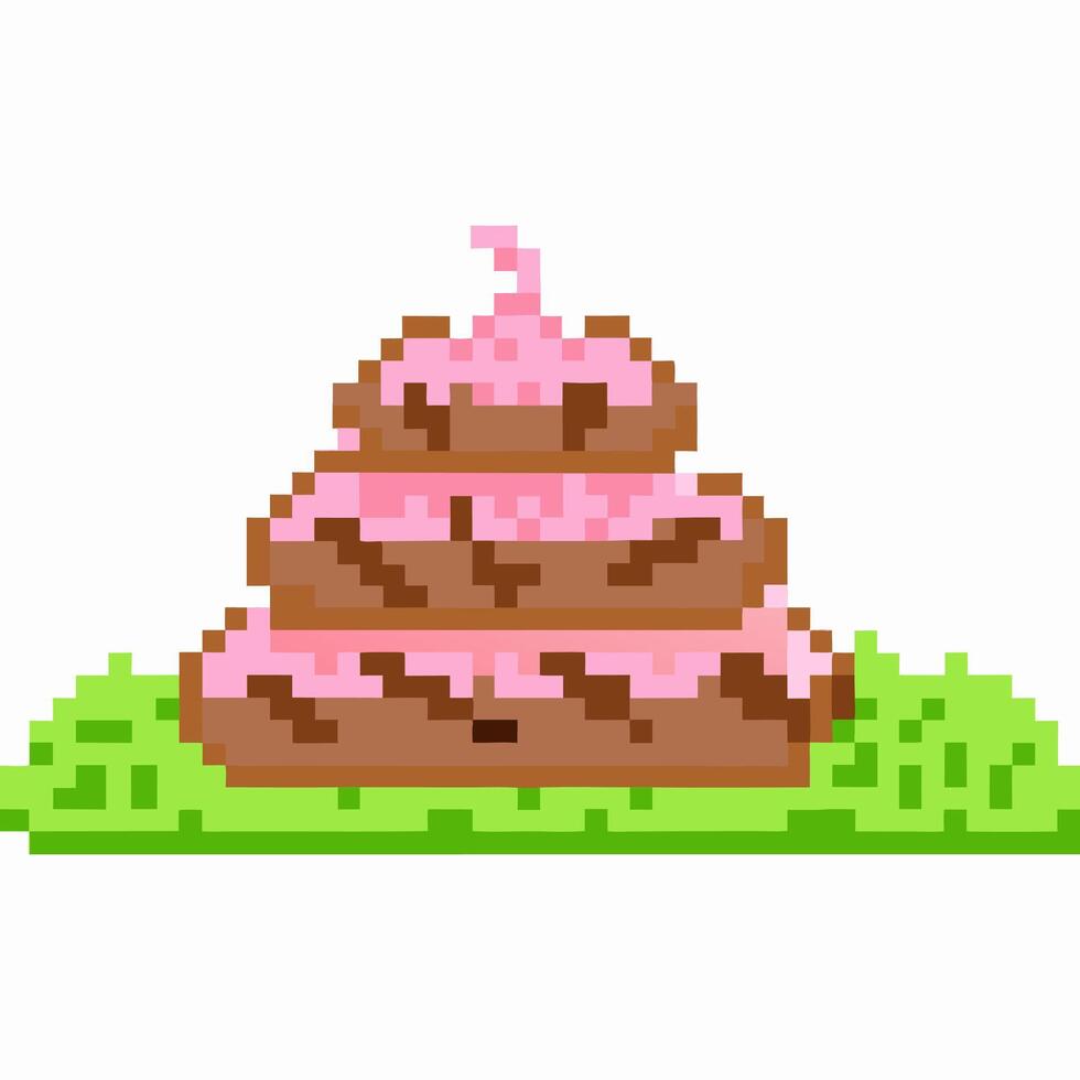 Pixel art chocolate and strawberry swirl ice cream on grass retro game dessert, sweet treat, playful colorful design vector