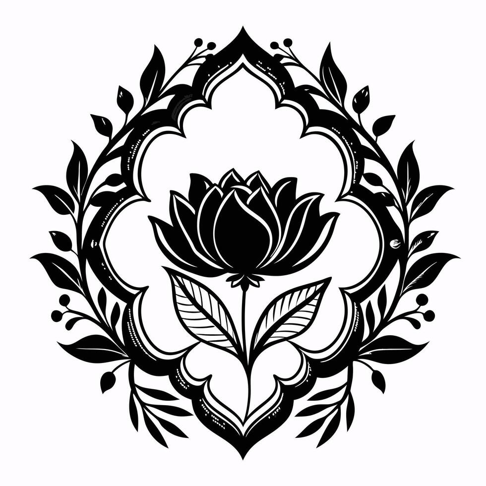 A black and white flower design with leaves surrounding it vector