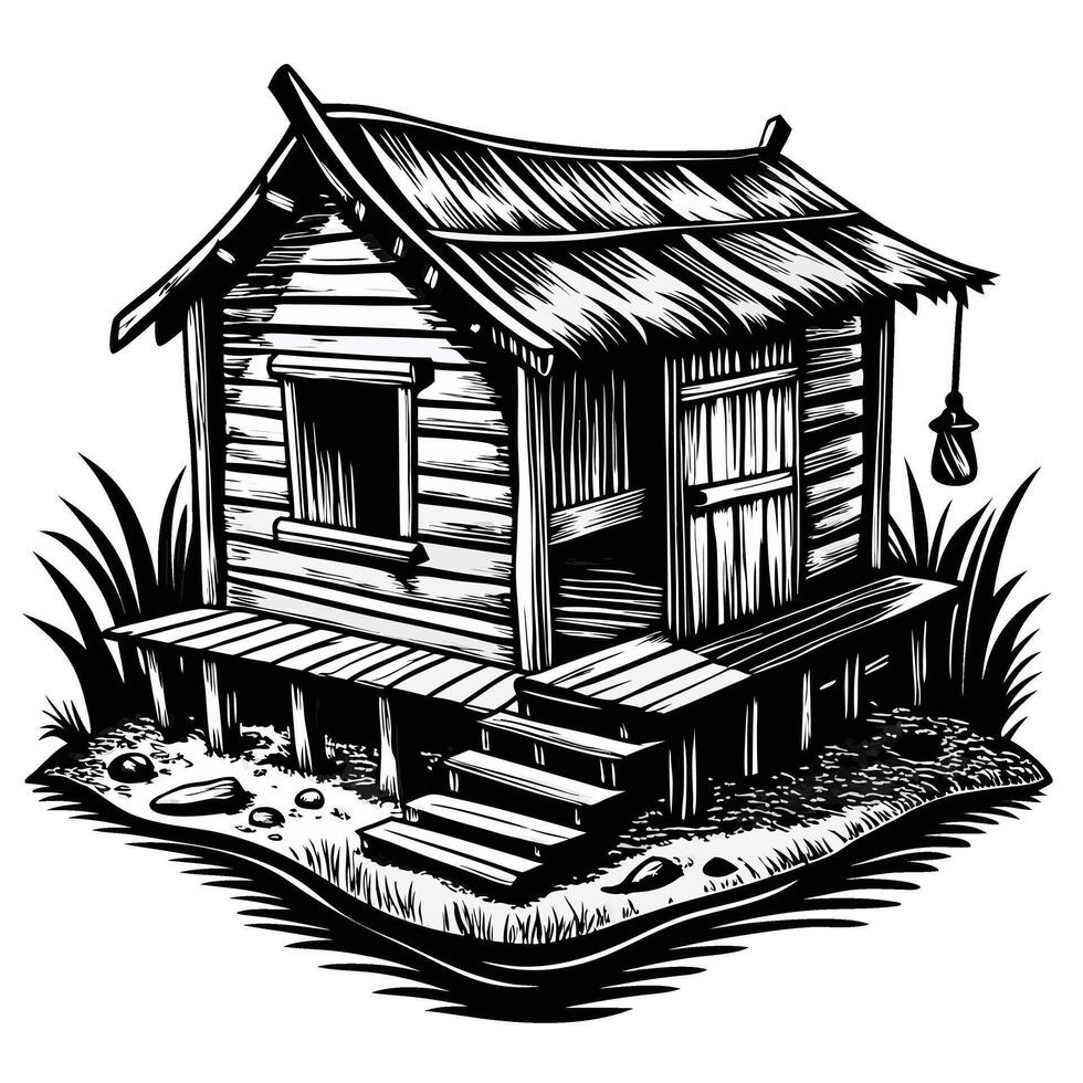 A small, old, wooden house with a porch and a ladder vector