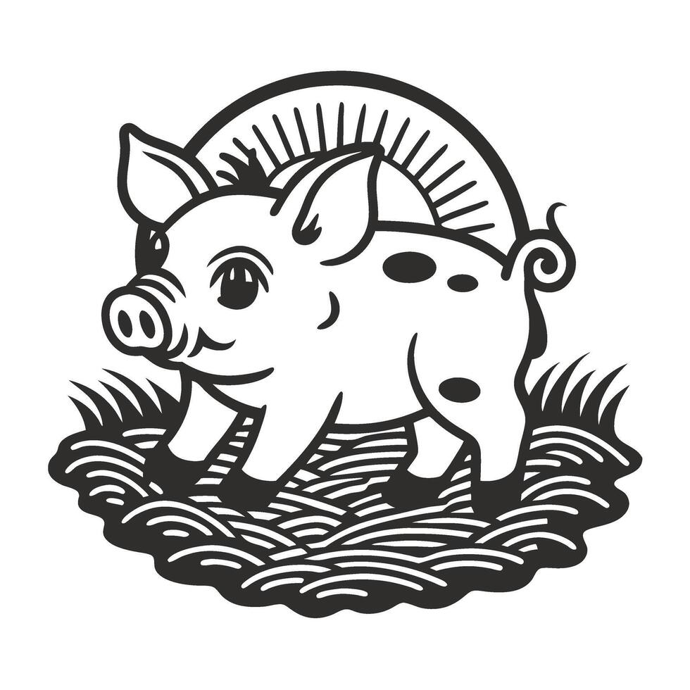 Piglet in grass with sun rays behind cute farm animal symbol, cheerful baby pig black ink illustration, agriculture concept vector