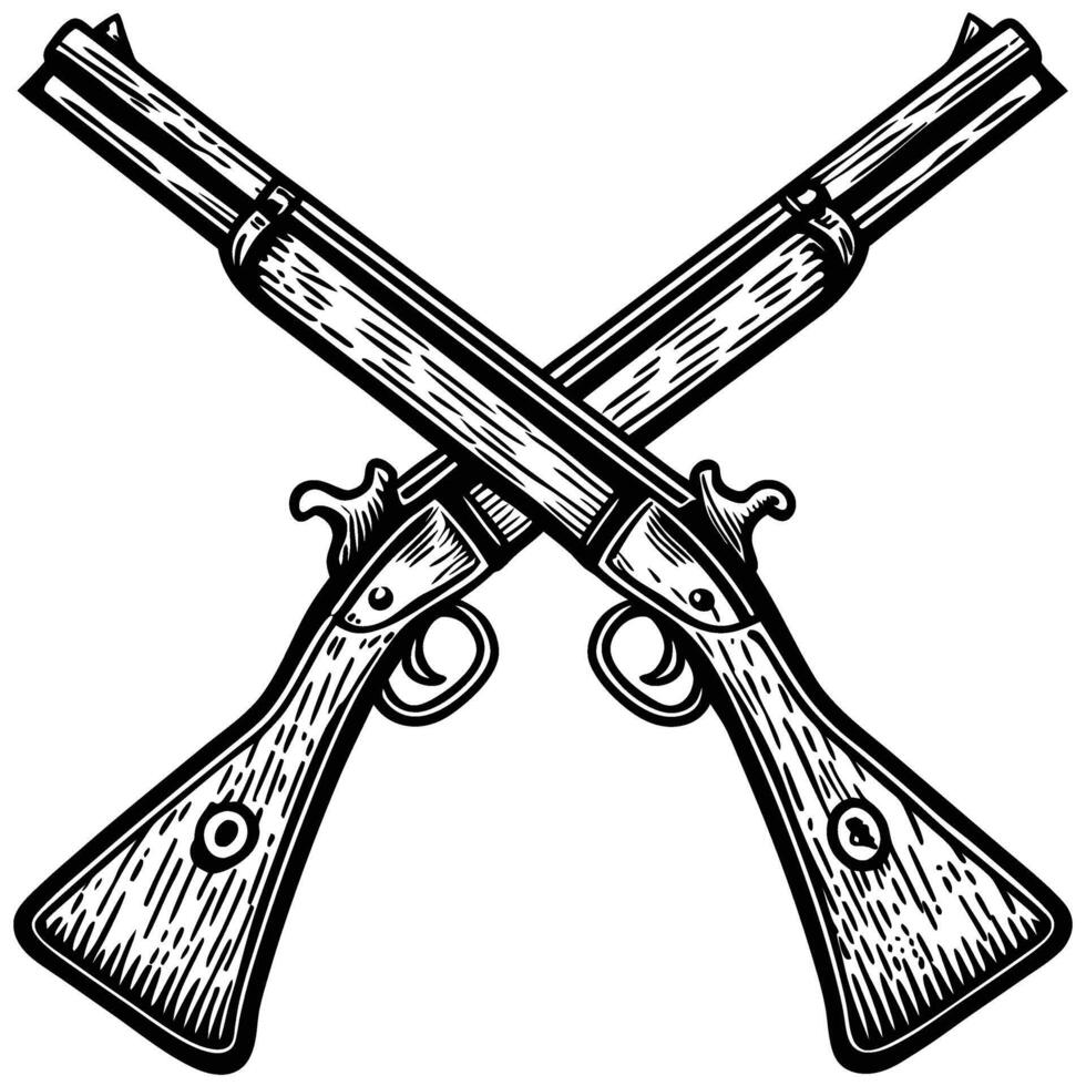 Crossed vintage shotguns illustration, detailed hand drawn engraving arms, classic hunting firearms, antique weaponry design vector
