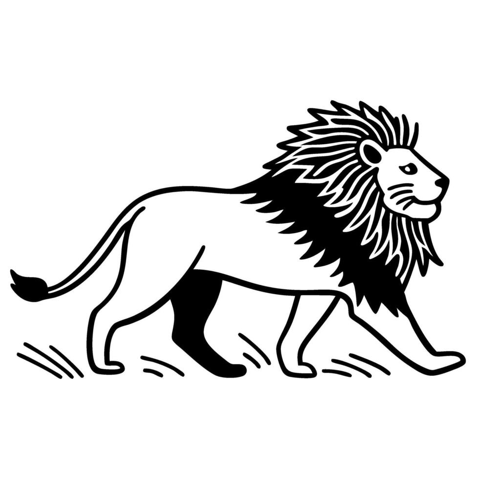 Majestic lion walking in profile wild animal illustration, strong mane, bold line art, safari wildlife, noble predator design vector