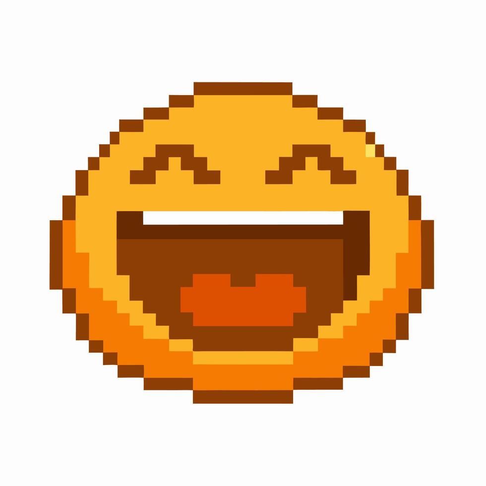 Pixel art smiling emoticon face happy digital emoticon, retro 8 bit style, joyful character, pixelated laugh expression vector