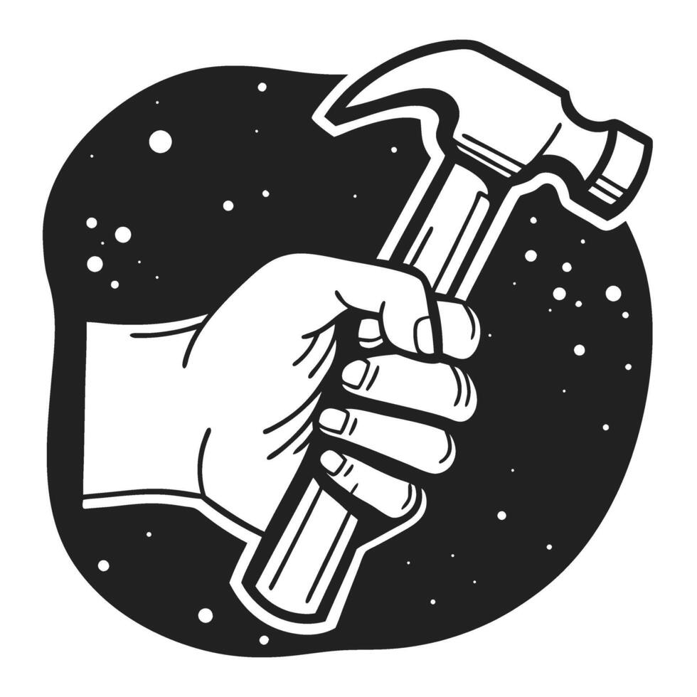 Hand holding hammer illustration, strong grip emblem with retro tool for construction, repair, industry, craftsmanship concept vector