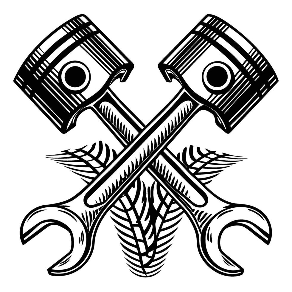 Crossed pistons and wrenches with tire tread automotive repair, mechanics tools, engine maintenance emblem design vector