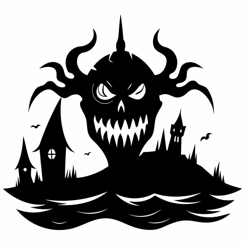 Creepy Halloween Silhouette with Haunted House and Eerie Monster vector