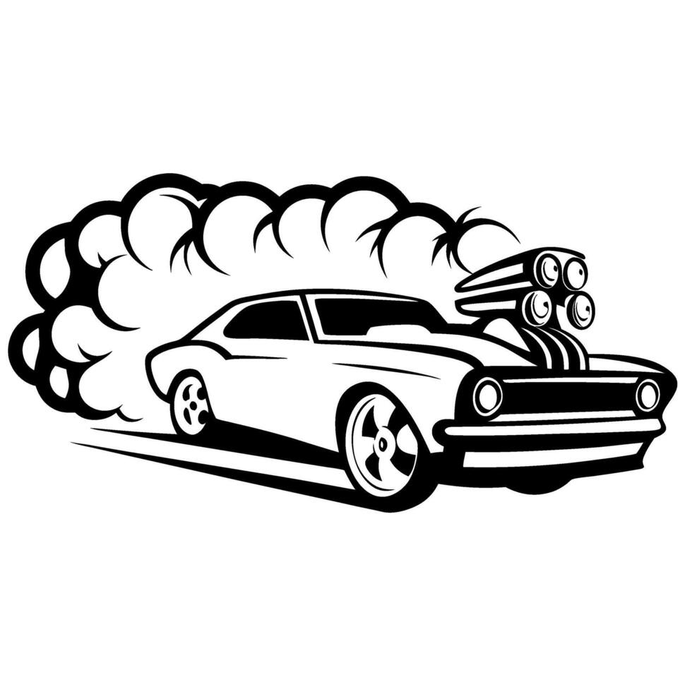 Muscle car burnout with smoke retro racing vehicle illustration, aggressive wheels, automotive power, custom vintage coupes vector
