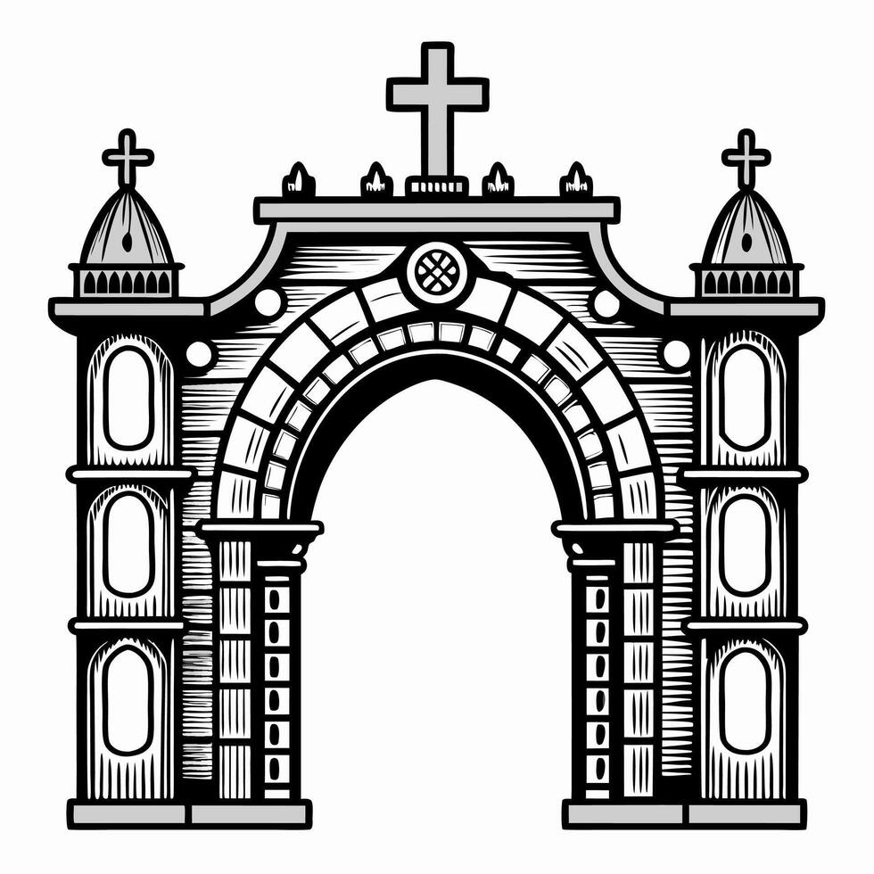 Elegant Baroque Arch with Cross and Ornate Architectural Details vector