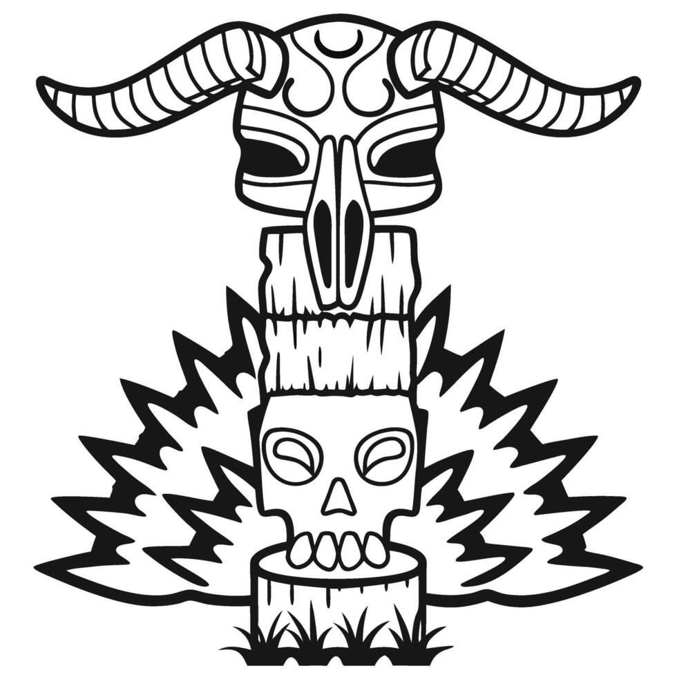 Tribal totem pole with animal skull mask and human skull design, abstract black and white illustration, ritual symbolism vector