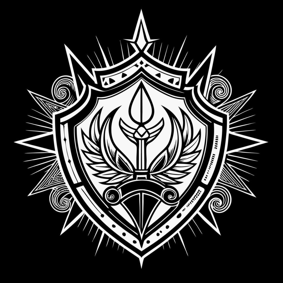 Intricate Heraldic Emblem with Sword and Wings Design in Black and White vector