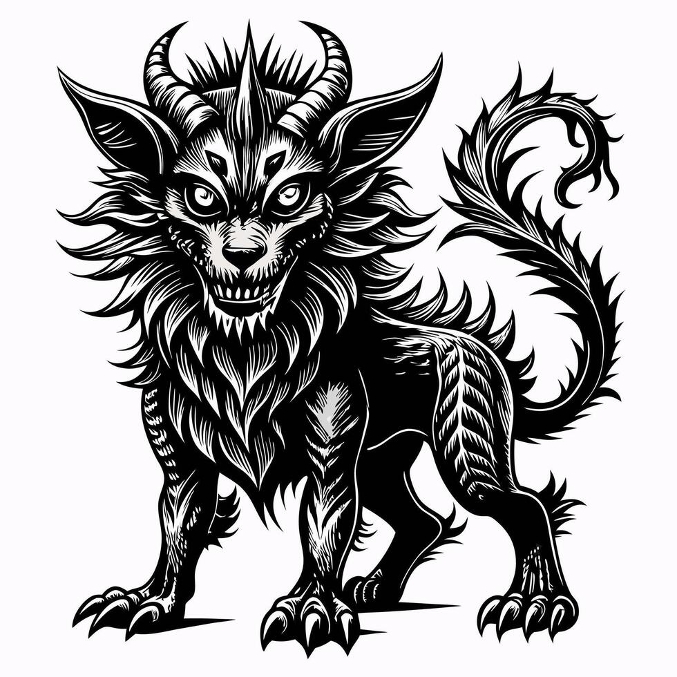 Intricate Black and White Fantasy Creature with Spiral Horns and Textured Fur vector