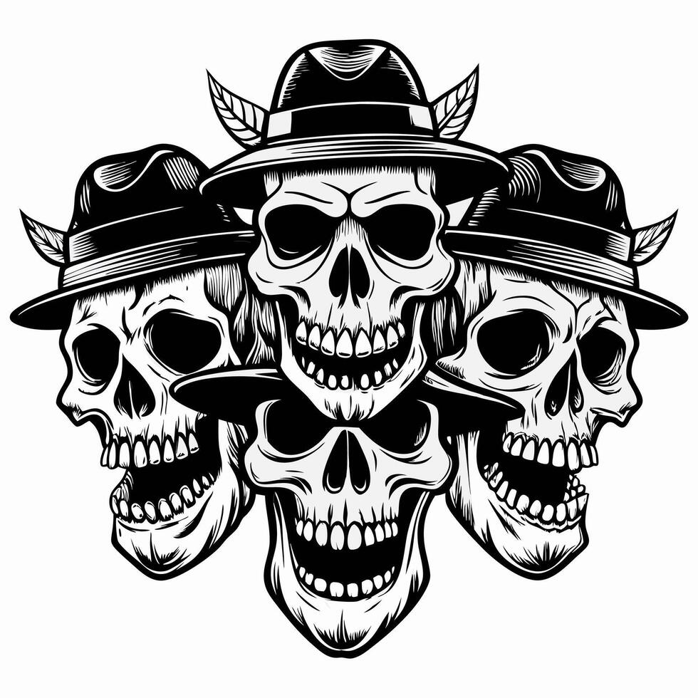 Stylized Skull Quartet in Hats and Wings Edgy Tattoo Art Illustration vector