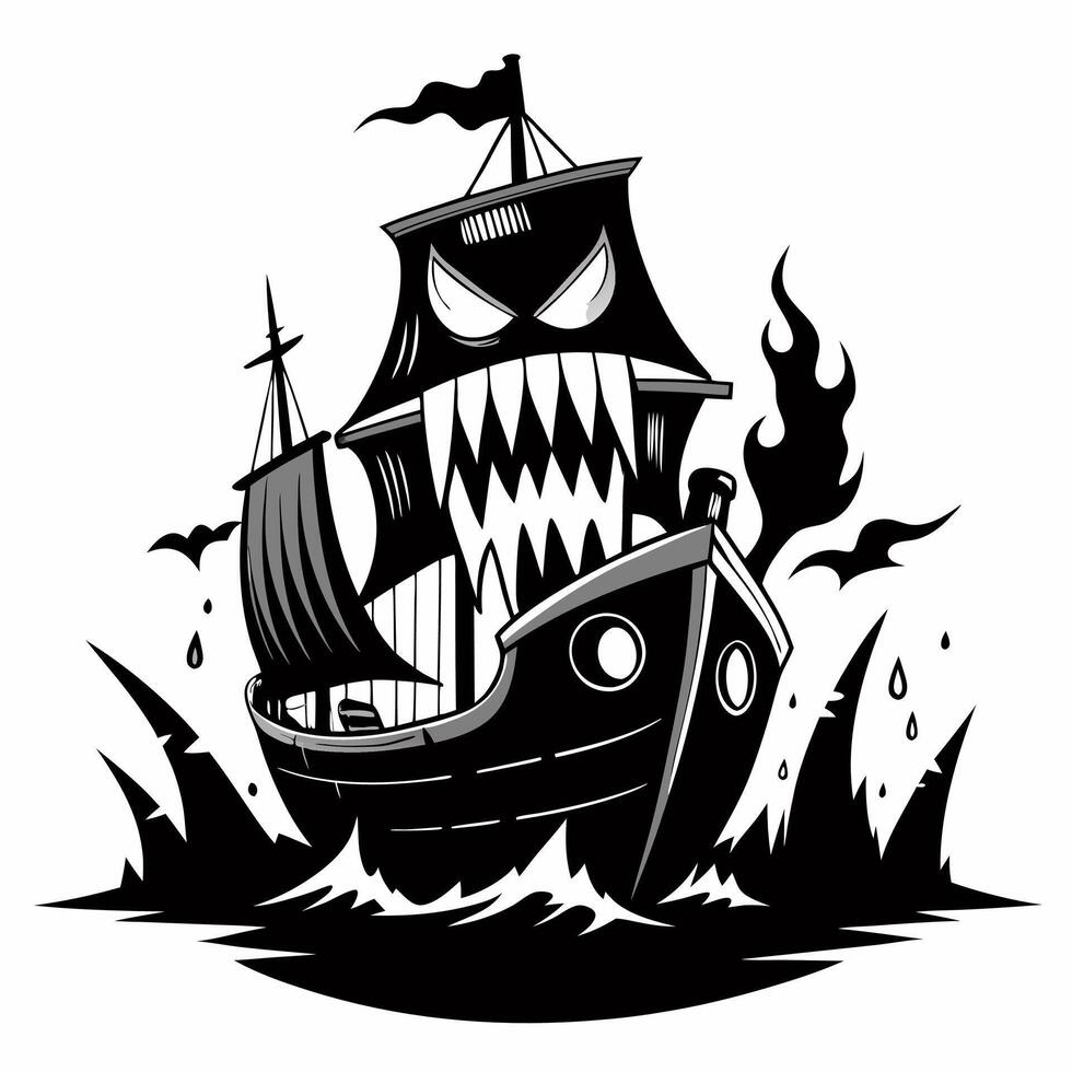 Monochrome of a Fierce Pirate Ship with Sharp Teeth and Billowing Sails vector