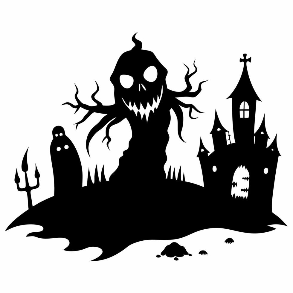 Spooky Halloween Silhouette Haunted House and Creepy Monster Scene vector
